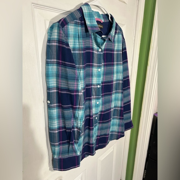 Tommy Bahama Women Plaid Roll Tab Long Sleeve Button Down Shirt Size Large. EUC. - Picture 2 of 6
